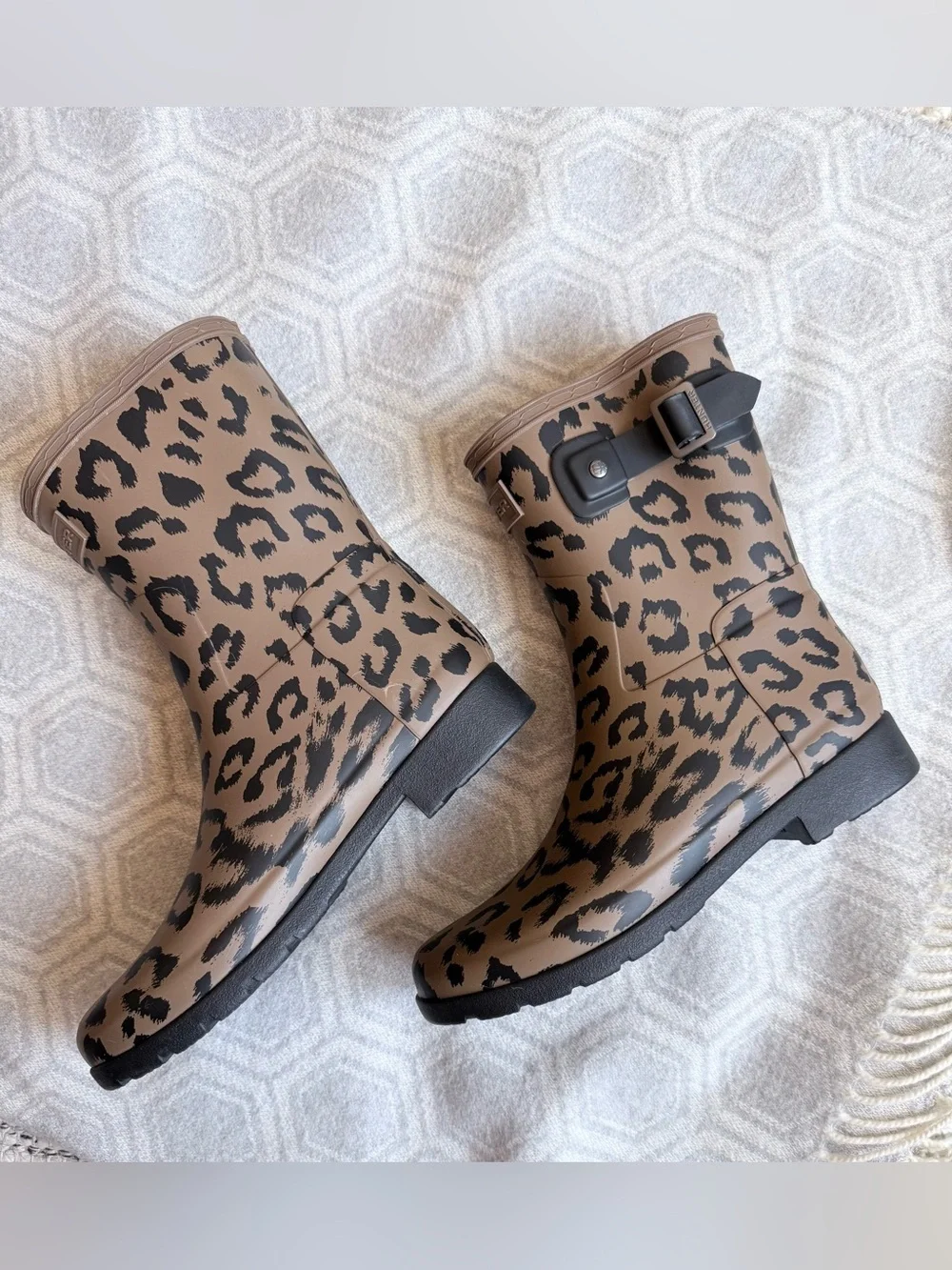 Hunter Original Refined Short Rain Boots Animal Print Black Brown Women's 7